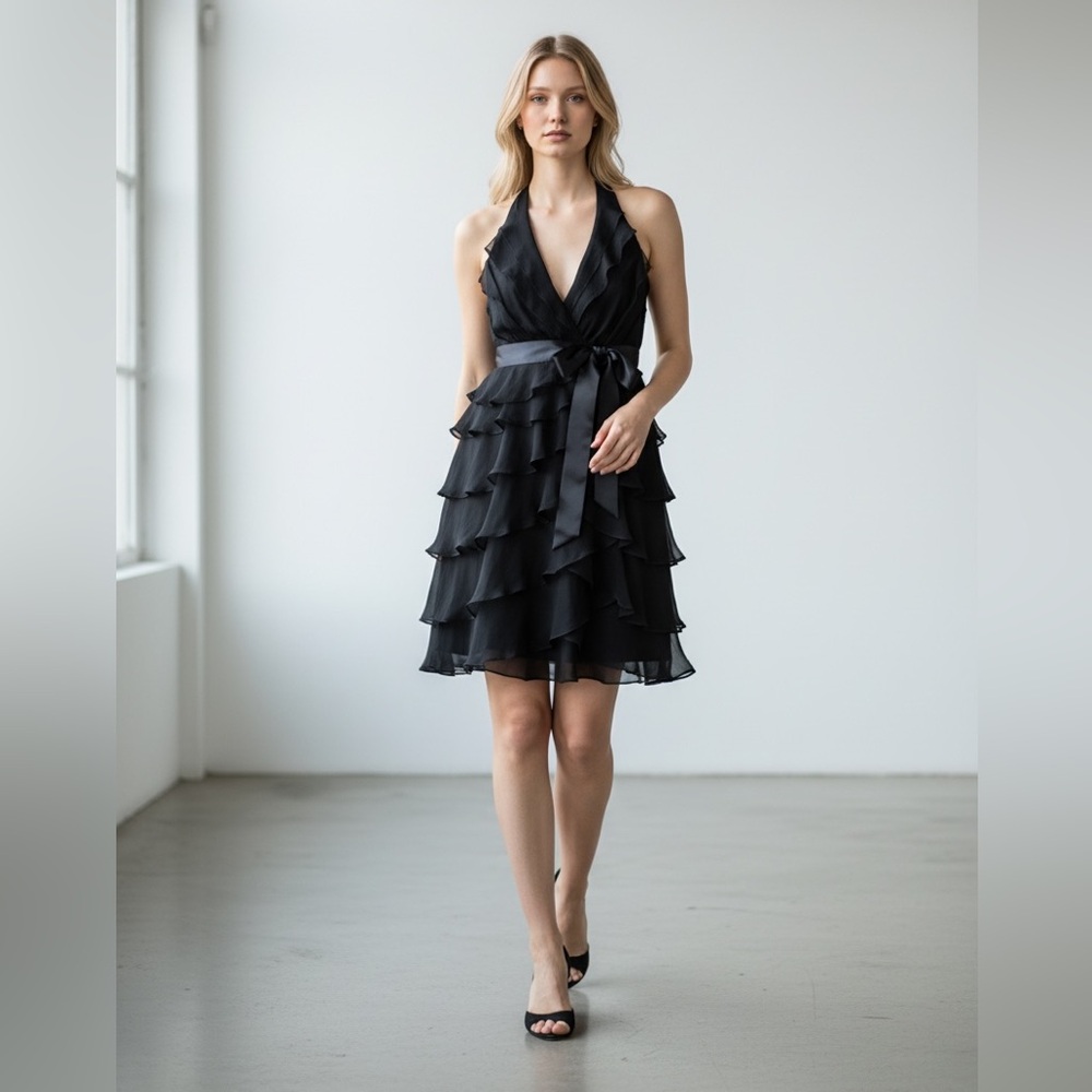 Tadashi Women’s Black Tiered Silk Ruffled Halter Gown Sz 8
